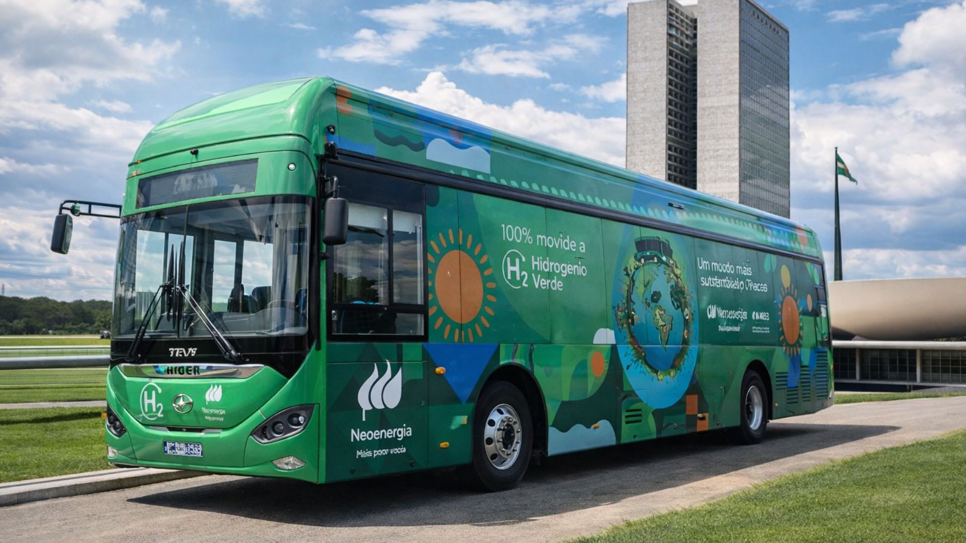 Ônibus movido a hidrogênio verde no Distrito Federal estacionado próximo ao Congresso Nacional, destacando mobilidade sustentável e inovação no transporte público