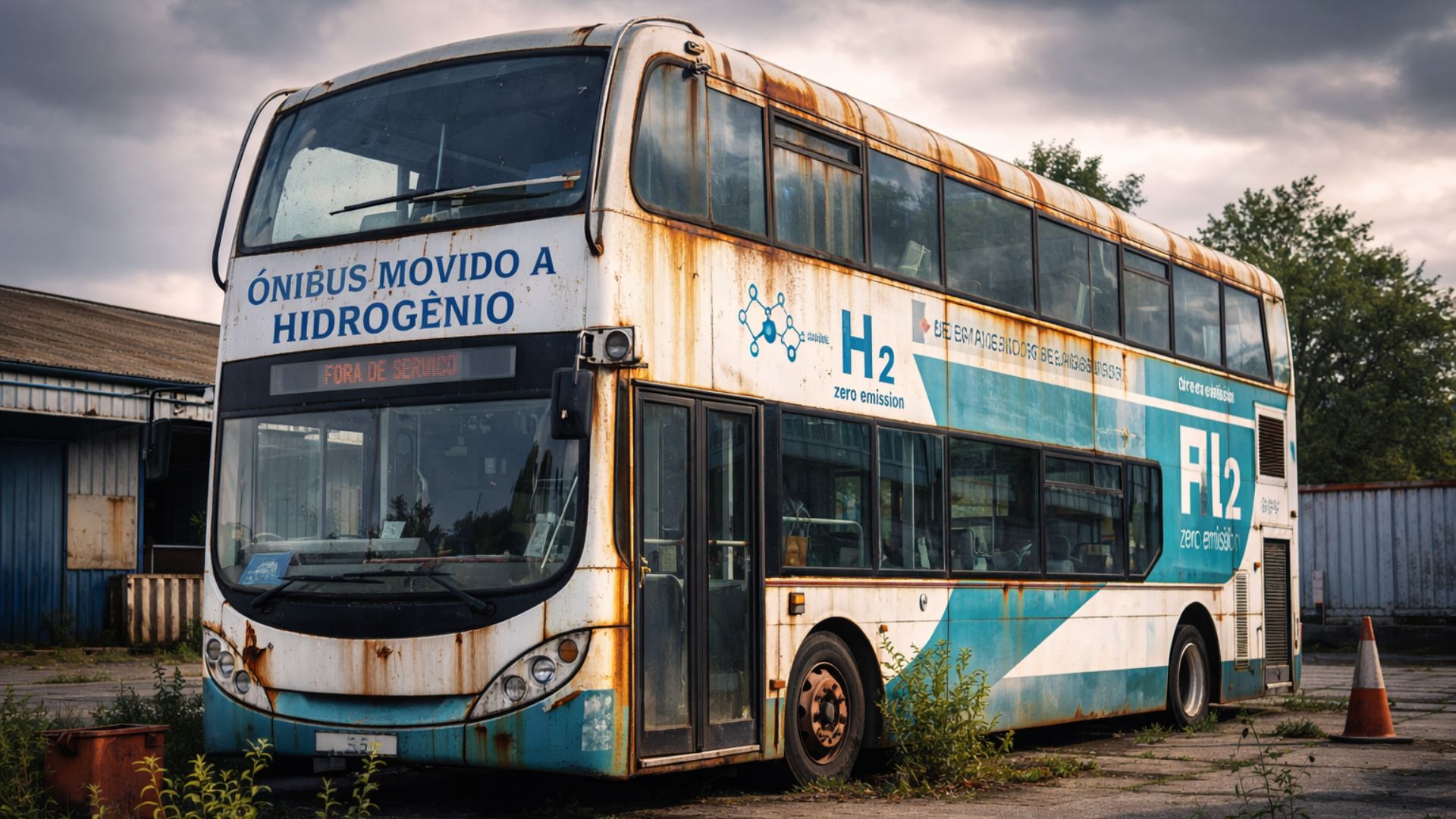 Ônibus movido a hidrogênio abandonado e enferrujado em pátio industrial, simbolizando falhas na infraestrutura e desafios do transporte sustentável
