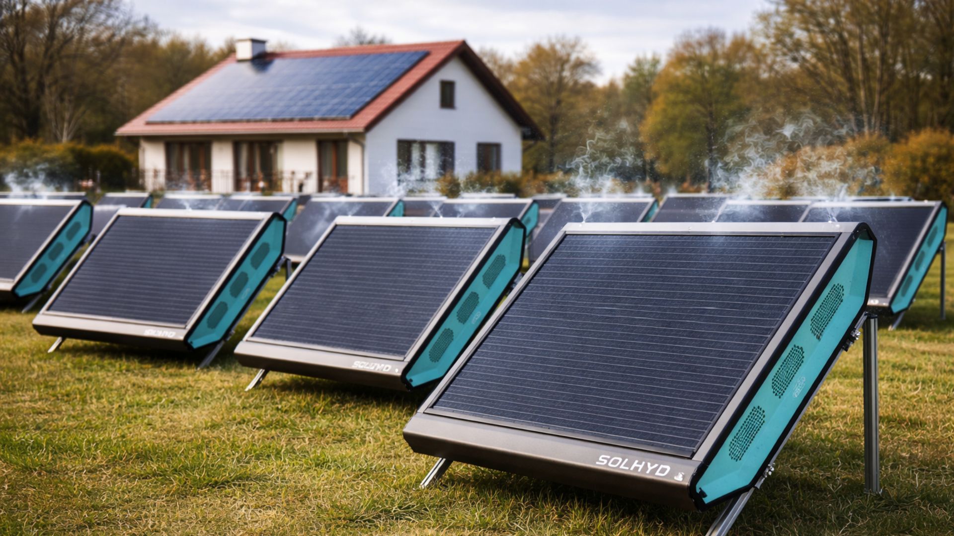 Painéis solares de hidrogênio instalados em área aberta gerando combustível limpo a partir da umidade do ar, com casa ao fundo em ambiente residencial sustentável.