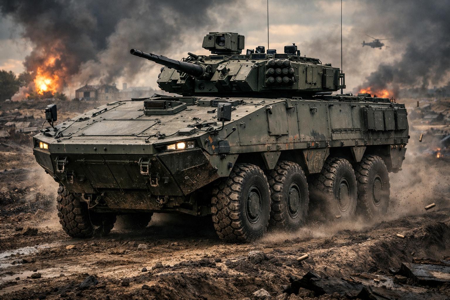 blindado finlandes Patria AMV 8x8 com oito rodas em campo de batalha