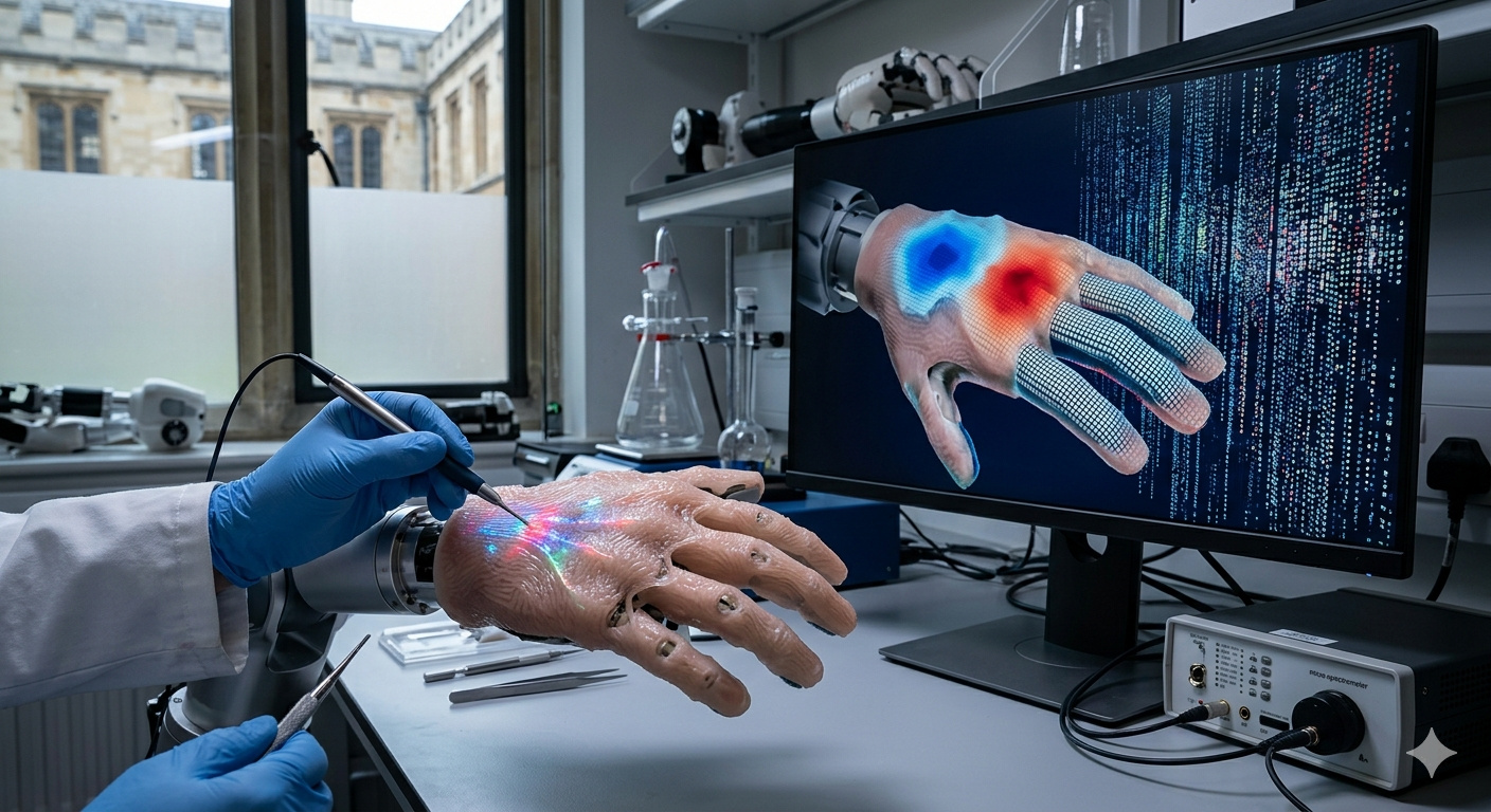 Cientistas de Cambridge criam “pele” robótica de hidrogel que detecta toque, temperatura e danos ao mesmo tempo e gera milhões de dados sensoriais.