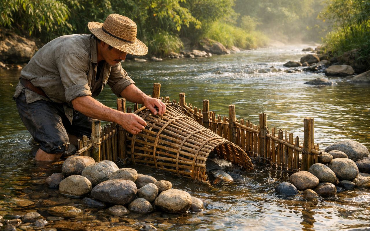 Pesca com armadilhas naturais viraliza ao mostrar como pescar quilos de peixe com pouco esforço e sem tecnologia.