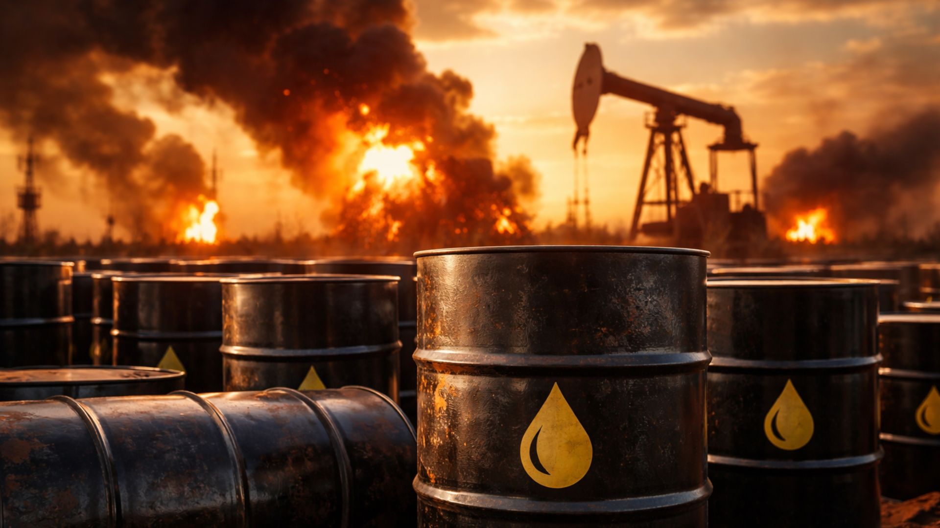 Barris de petróleo em primeiro plano com plataforma de extração ao fundo e explosões, representando alta do petróleo causada por tensões e guerra no Oriente Médio.