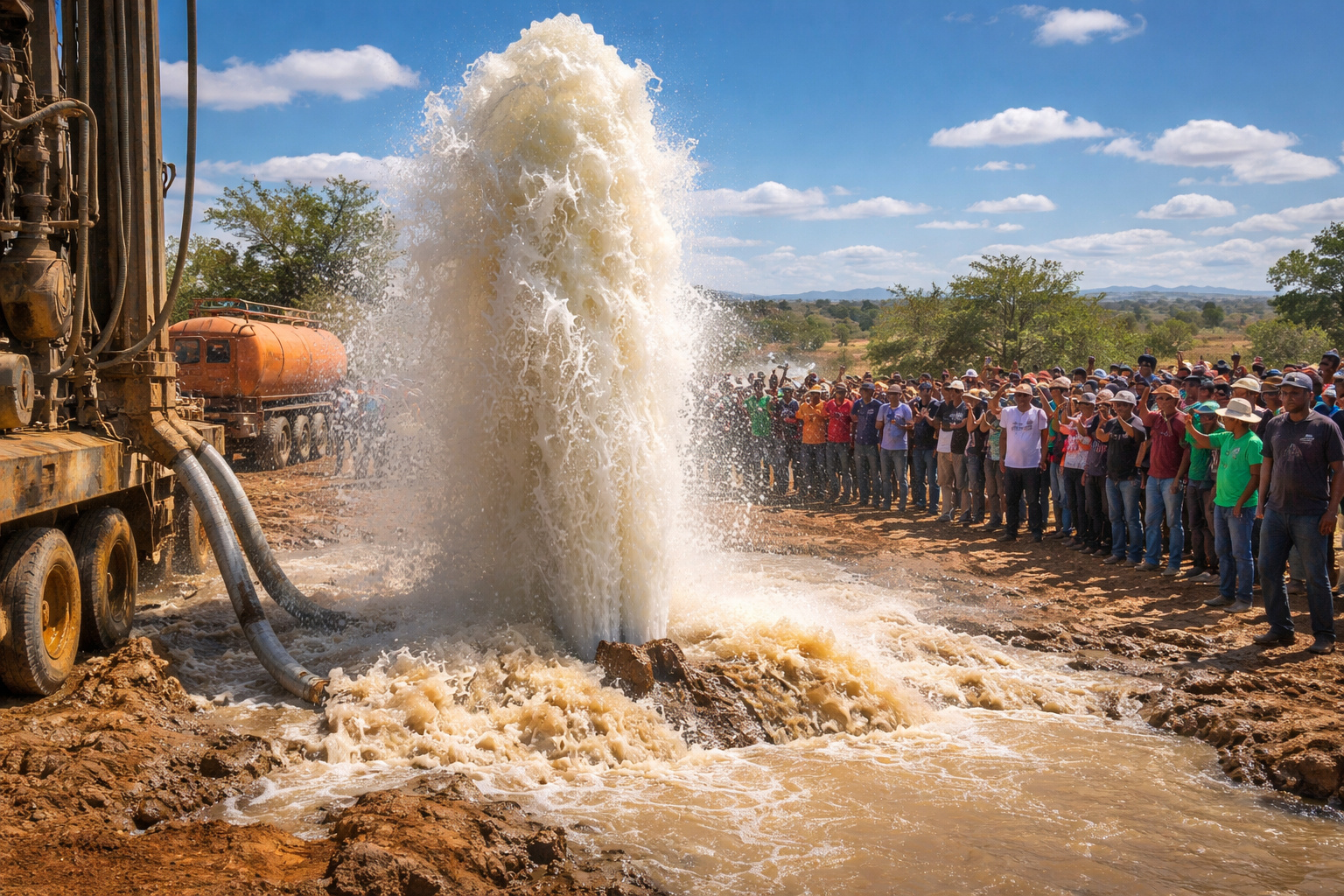 Perfuração de poço artesiano no semiárido da Bahia com forte jorro de água transformando solo seco em lama