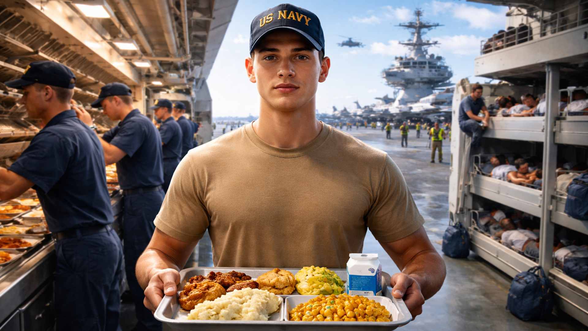 USS Gerald R. Ford abriga 5 mil militares com refeições em massa, alojamentos apertados e rotina intensa em alto-mar.