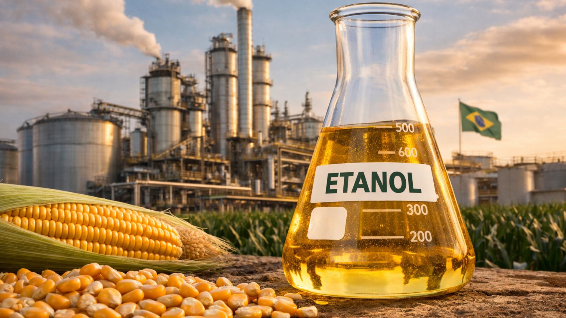 Frasco de laboratório com etanol em destaque à frente de uma usina de biocombustível, com planta industrial ao fundo e grãos de milho no primeiro plano.