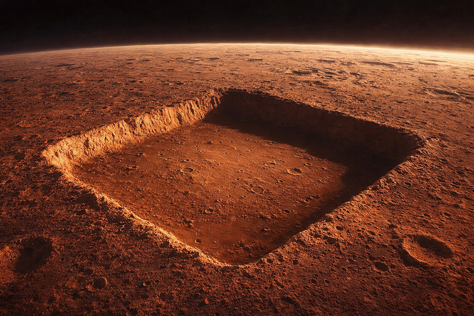A NASA fotografou um quadrado quase perfeito com 3 km de lado em Marte, 13 vezes maior que a pirâmide de Quéops, mas a explicação oficial é erosão natural; ainda assim, ninguém explicou por que os quatro lados têm comprimento quase idêntico