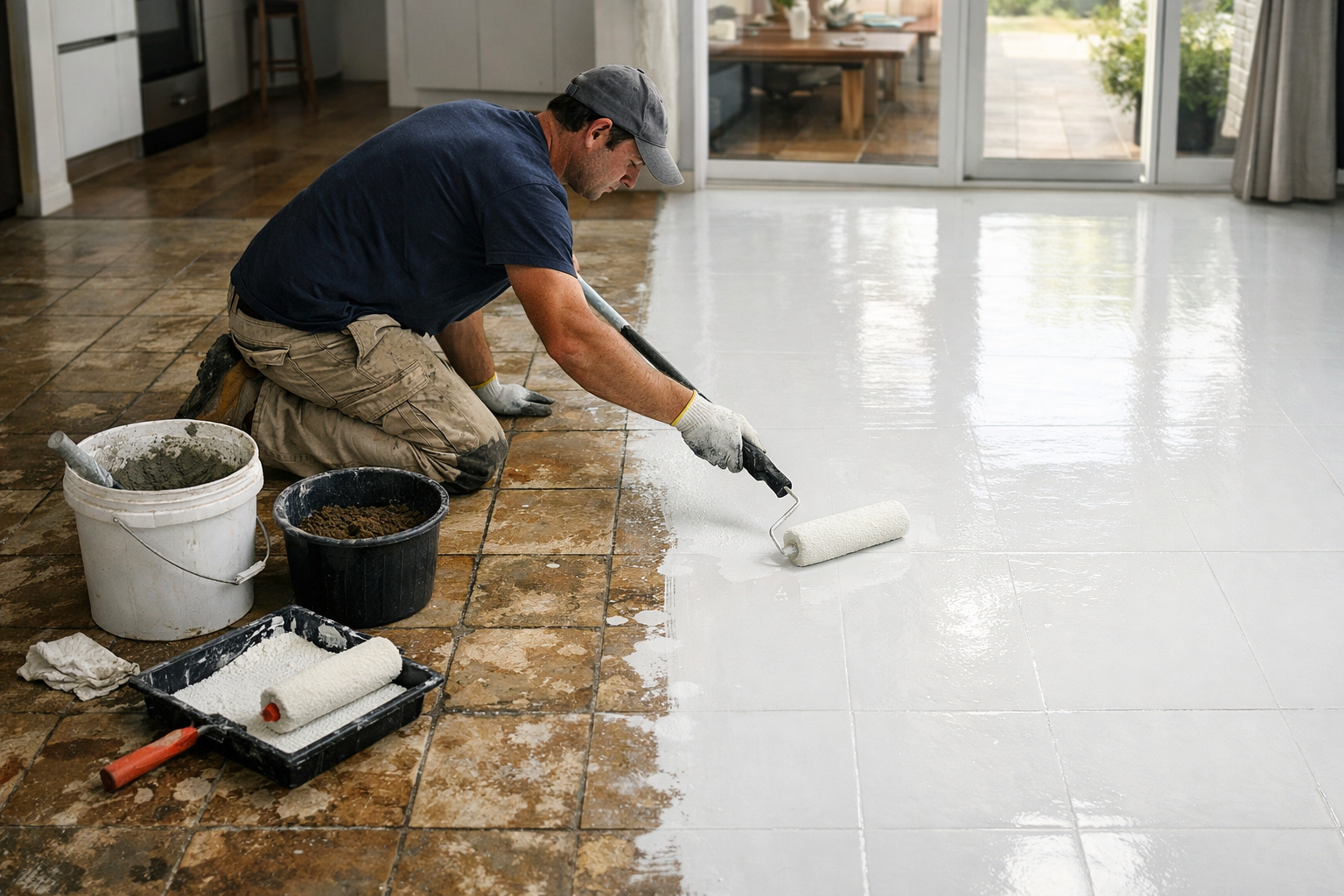 trabalhador aplicando tinta PU em piso antigo renovando sem quebra-quebra