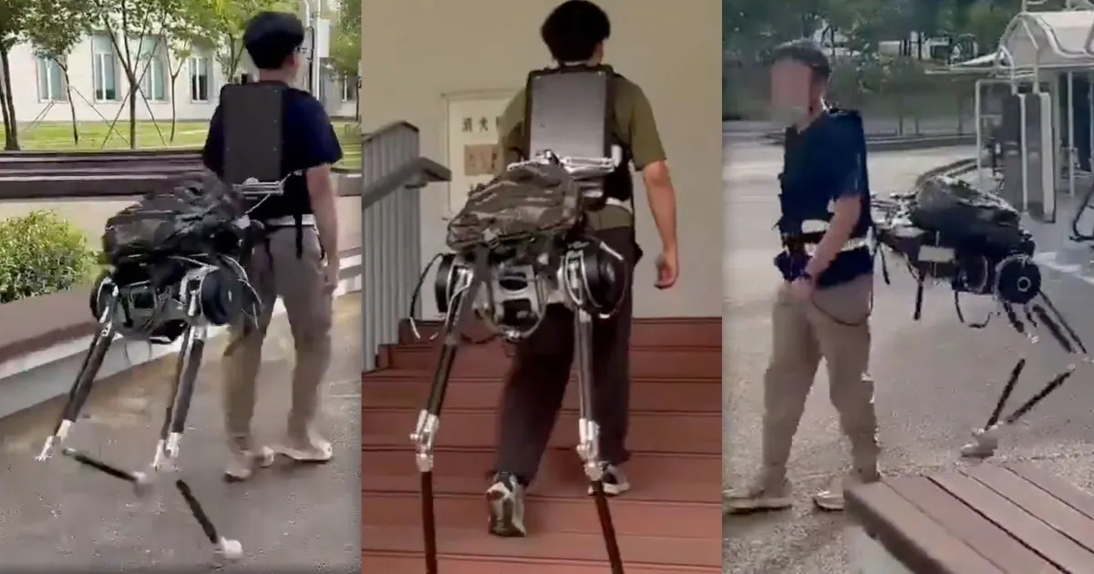 Robô vestível criado na China divide carga com o usuário, reduz esforço físico e levanta debate sobre aplicação prática e segurança. (Imagem: Reprodução)