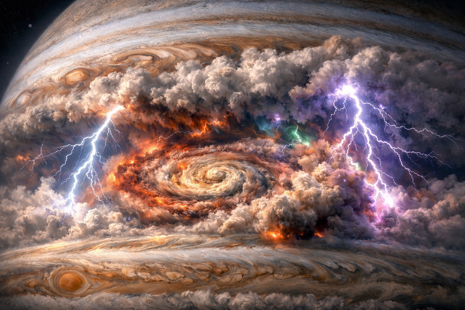Tempestade com raios intensos na atmosfera de Júpiter