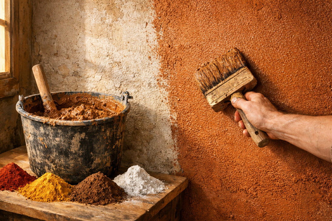 Tinta feita com barro, cal e pigmentos minerais reveste paredes internas sem cheiro químico, sem tinta industrializada e sem nenhum centavo gasto em loja — porque a receita tem 5.000 anos e ainda funciona