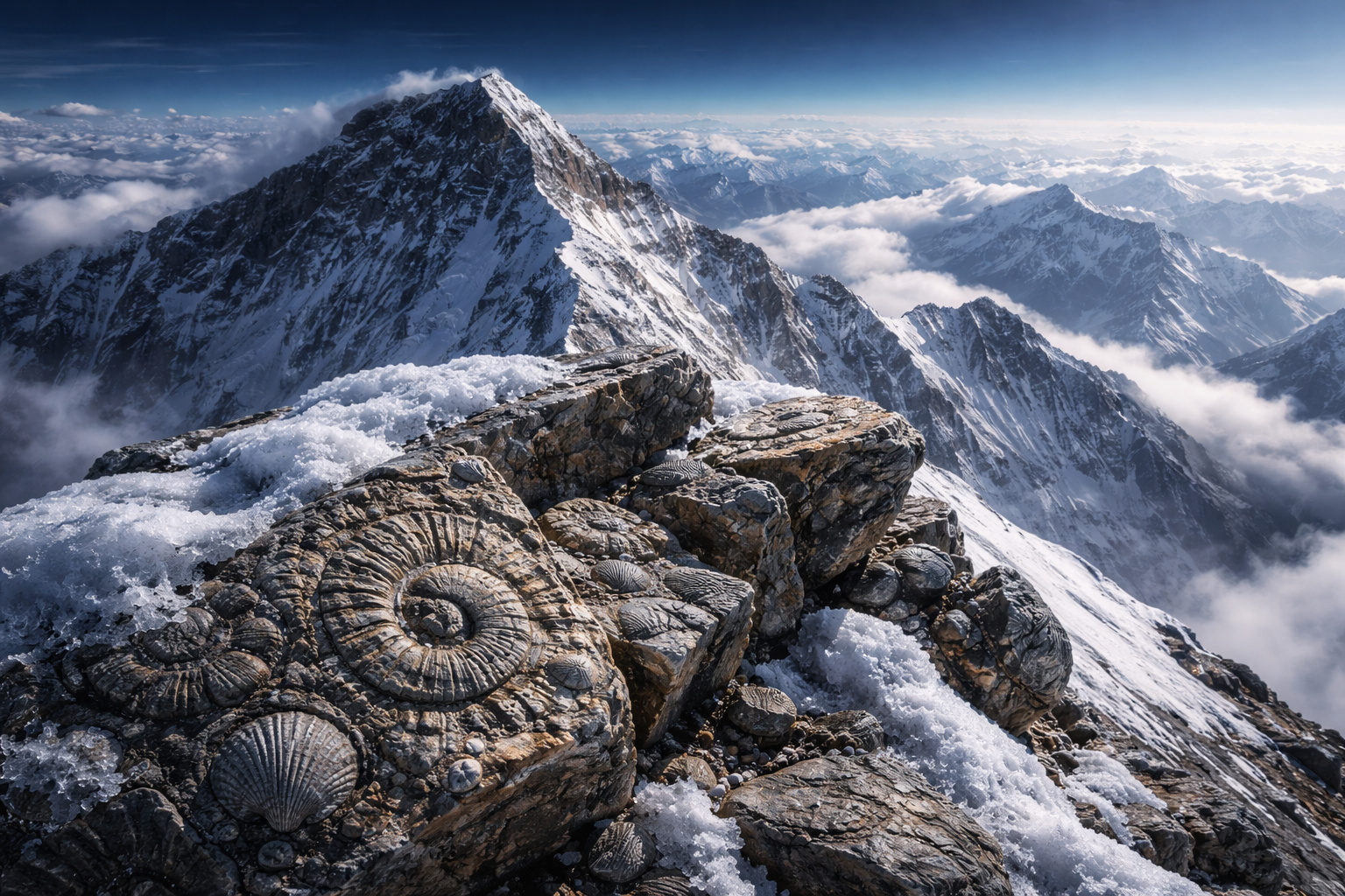 A mais de 8.800 metros de altitude, o topo do Monte Everest é formado por rochas que nasceram no fundo de um oceano há cerca de 500 milhões de anos e foram empurradas até o ponto mais alto da Terra pela colisão de placas tectônicas
