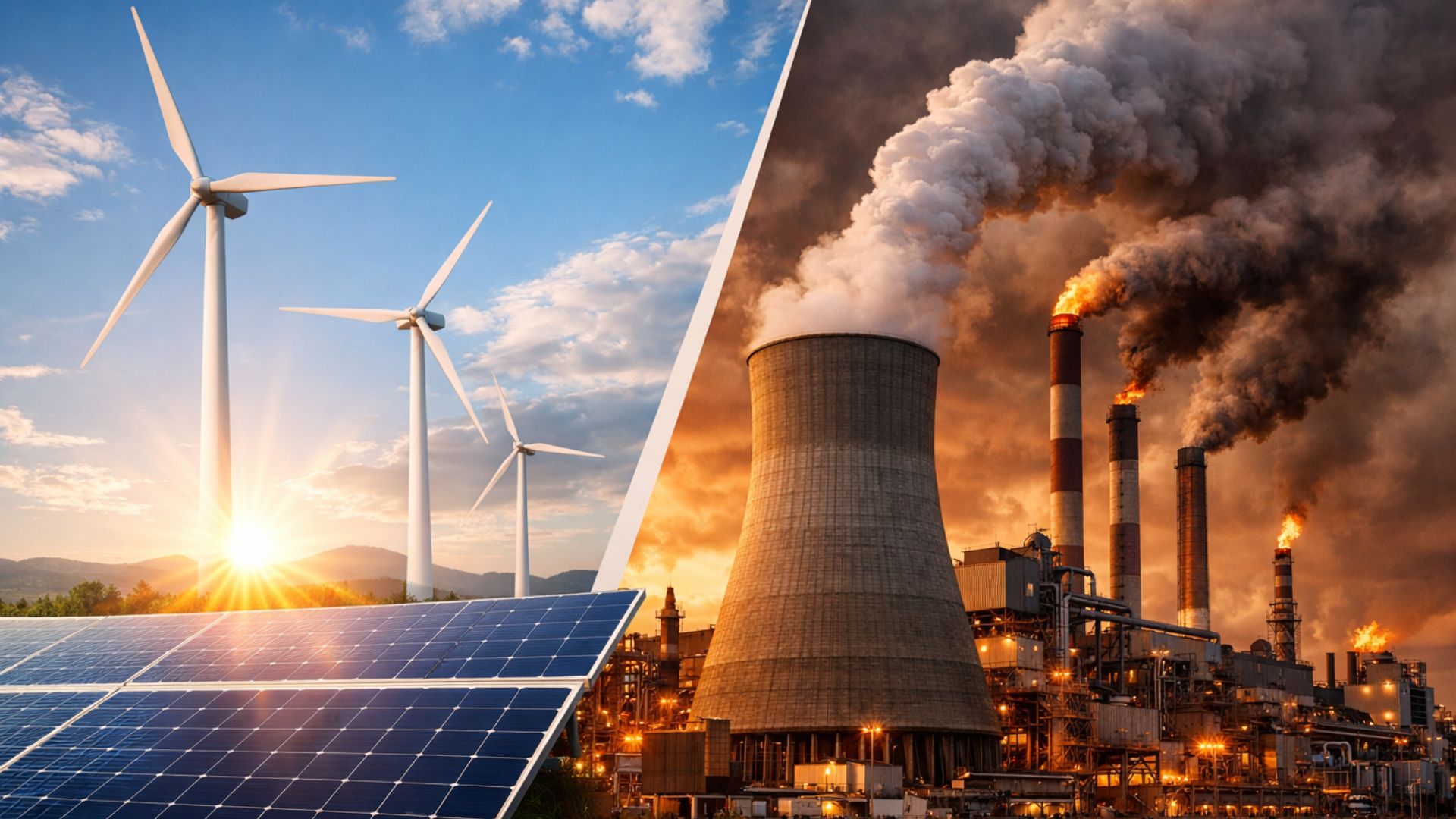 Painel solar e turbinas eólicas sob luz do sol contrastam com usina termelétrica com chaminés emitindo fumaça, representando o equilíbrio entre energias renováveis e segurança térmica no sistema elétrico