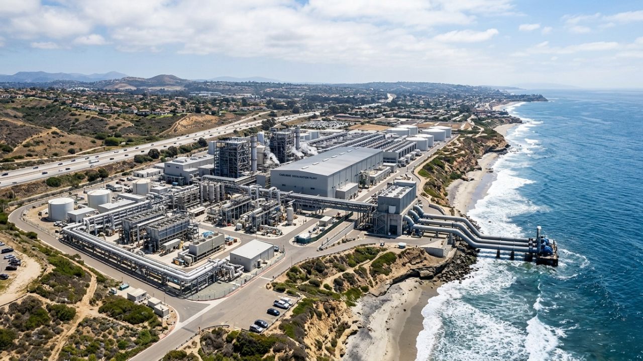 No litoral da Califórnia, uma usina gigantesca bombeia água do oceano Pacífico e transforma até 190 milhões de litros por dia em água potável: a planta de Carlsbad abastece centenas de milhares de pessoas e se tornou uma das maiores operações de dessalinização das Américas