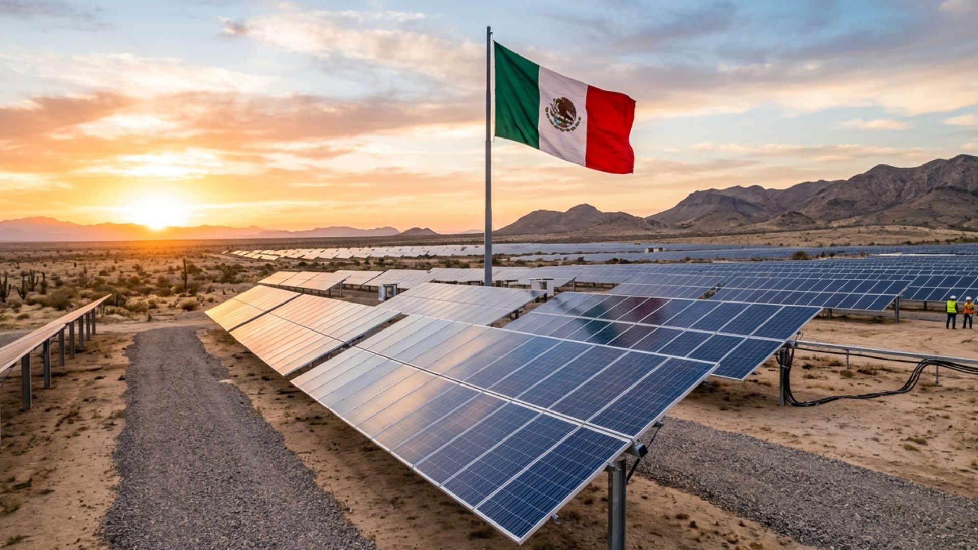 Painéis de energia solar em larga escala no deserto de Sonora com bandeira do México ao centro durante o pôr do sol