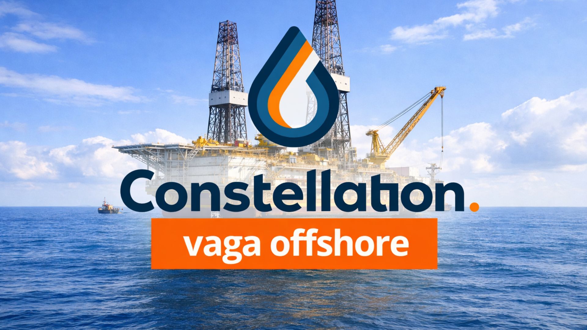 Plataforma de petróleo offshore em alto-mar durante o dia com logotipo da Constellation e destaque para vaga offshore