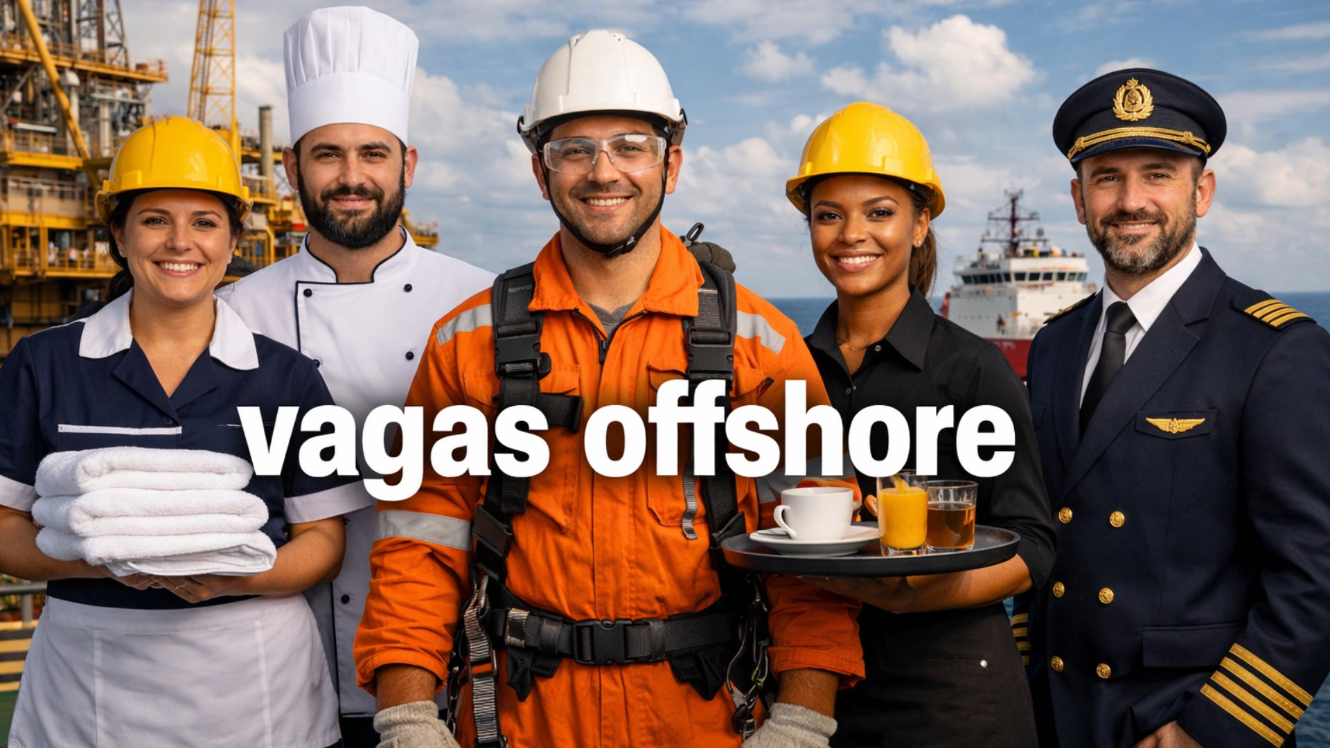 Profissionais de diferentes funções trabalhando em plataforma offshore com destaque para vagas de emprego no setor de petróleo e gás