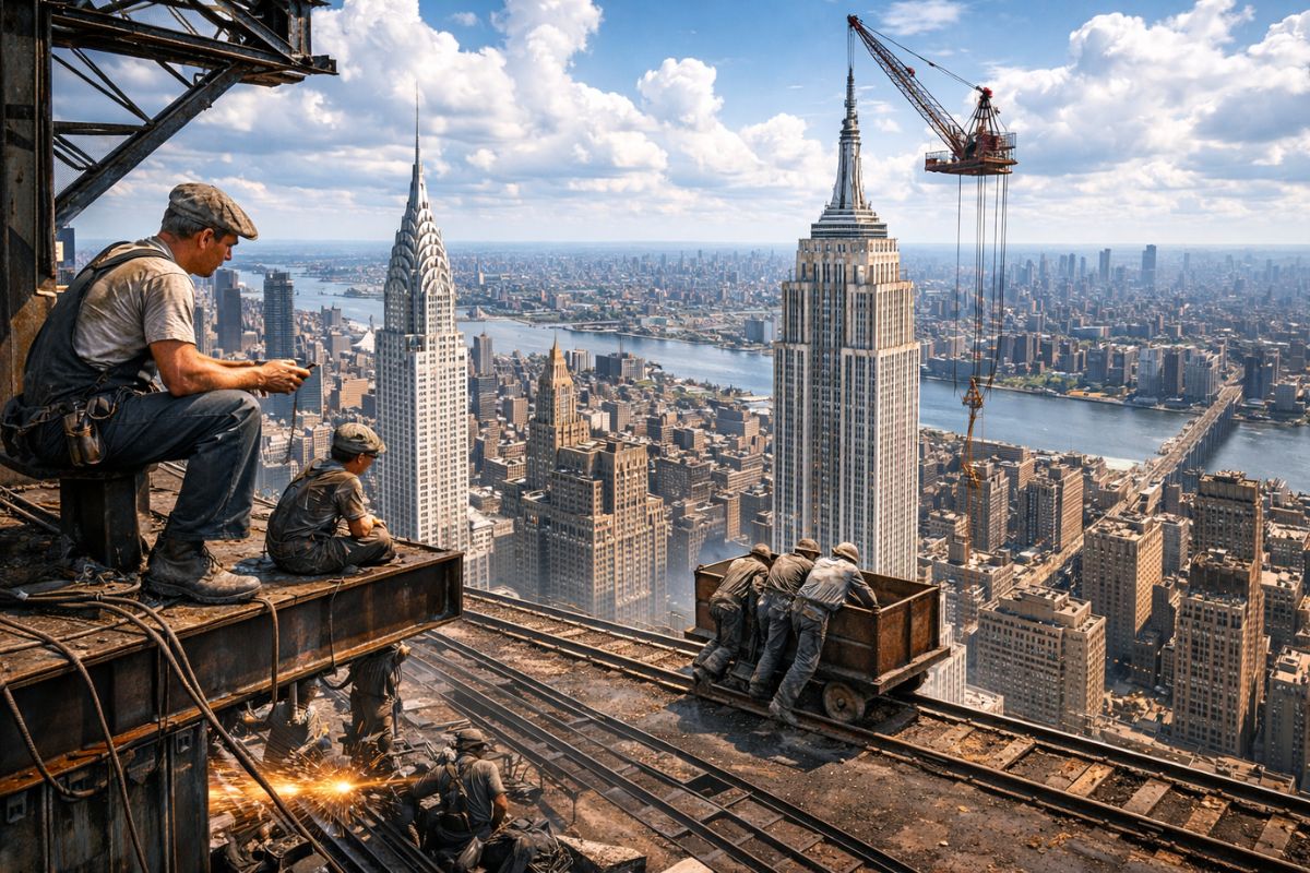 102 andares em 13 meses e meio na pior crise dos EUA como o Empire State venceu o Chrysler, usou operários Mohawk e trens, ganhou mastro, e virou cena do King Kong (4)