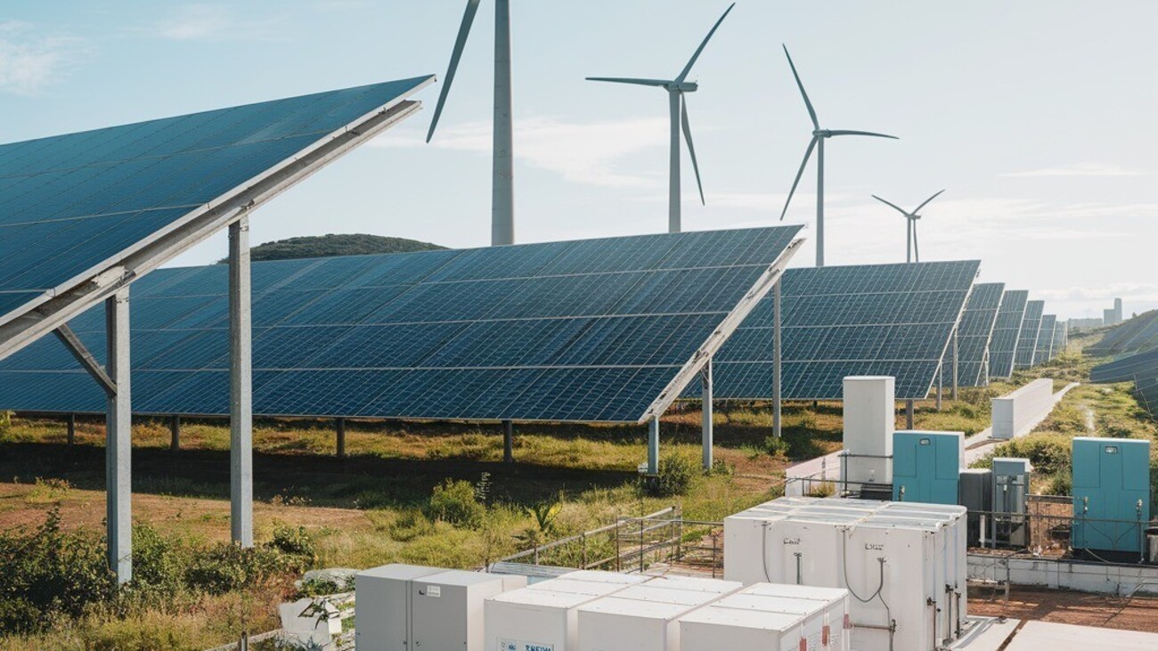 Parque de energia renovável com placas solares em primeiro plano e turbinas eólicas ao fundo.