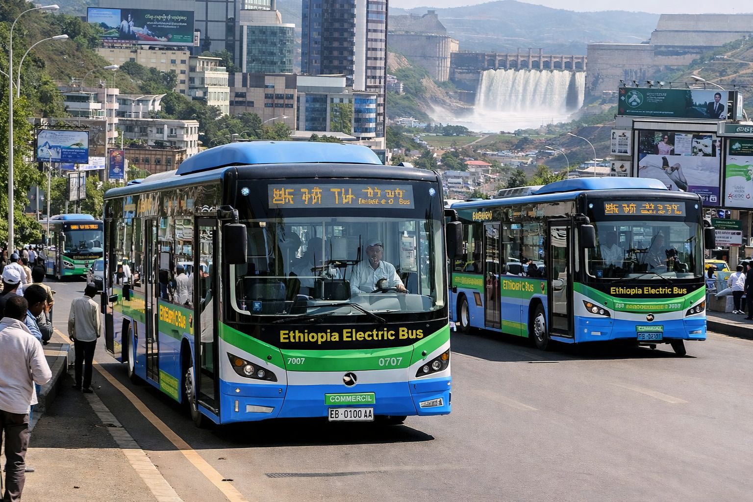 A Etiópia proibiu carros a gasolina, pôs ônibus elétricos silenciosos em Adis Abeba e quer 500 mil veículos até 2030 com a maior barragem da África.