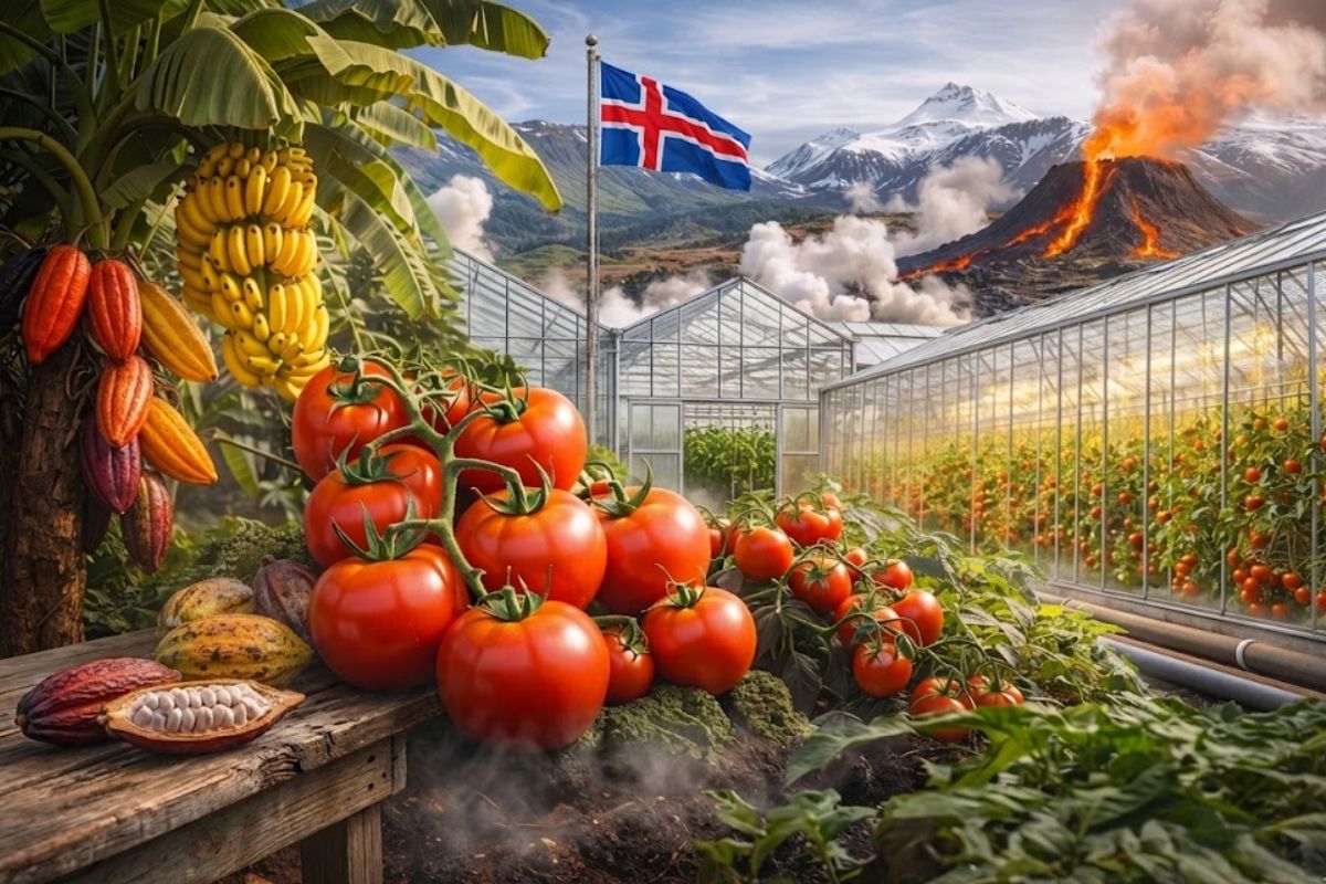 A Islândia usa energia geotérmica para cultivar tomates, bananas e cacau em estufas perto do Círculo Polar Ártico. Quase 70% dos tomates já são locais. Veja.