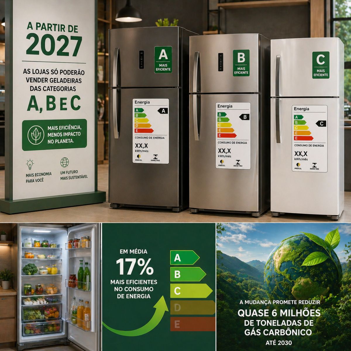 A partir de 2027, lojas só poderão vender geladeiras das categorias A, B e C, 17% mais eficientes no consumo de energia. A conta de luz vai cair.