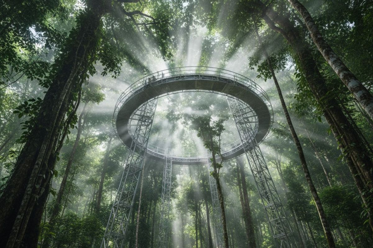 Experimento na Amazônia simula o ar do futuro com CO₂ elevado para entender como a floresta tropical reage às mudanças climáticas. (Imagem: Ilustrativa/FDR)