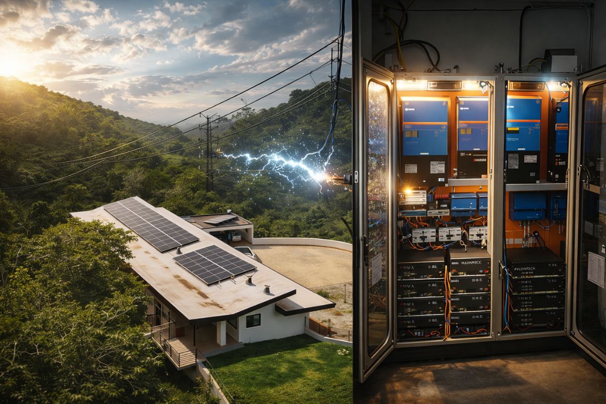 Apagão no interior de SP Sistema solar híbrido off-grid assume em 16–20 ms sem piscar Victron integra Fronius on-grid, 30 kWh Pylontech e 15 kVA trifásico, limita injeção e ajuda