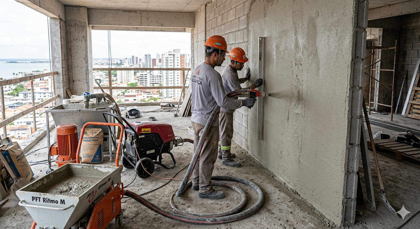 Argamassa projetada substitui o reboco manual, pode dobrar ou até triplicar a produtividade no canteiro e entrega paredes mais uniformes, técnica industrializada vem ganhando espaço justamente onde falta mão de obra qualificada