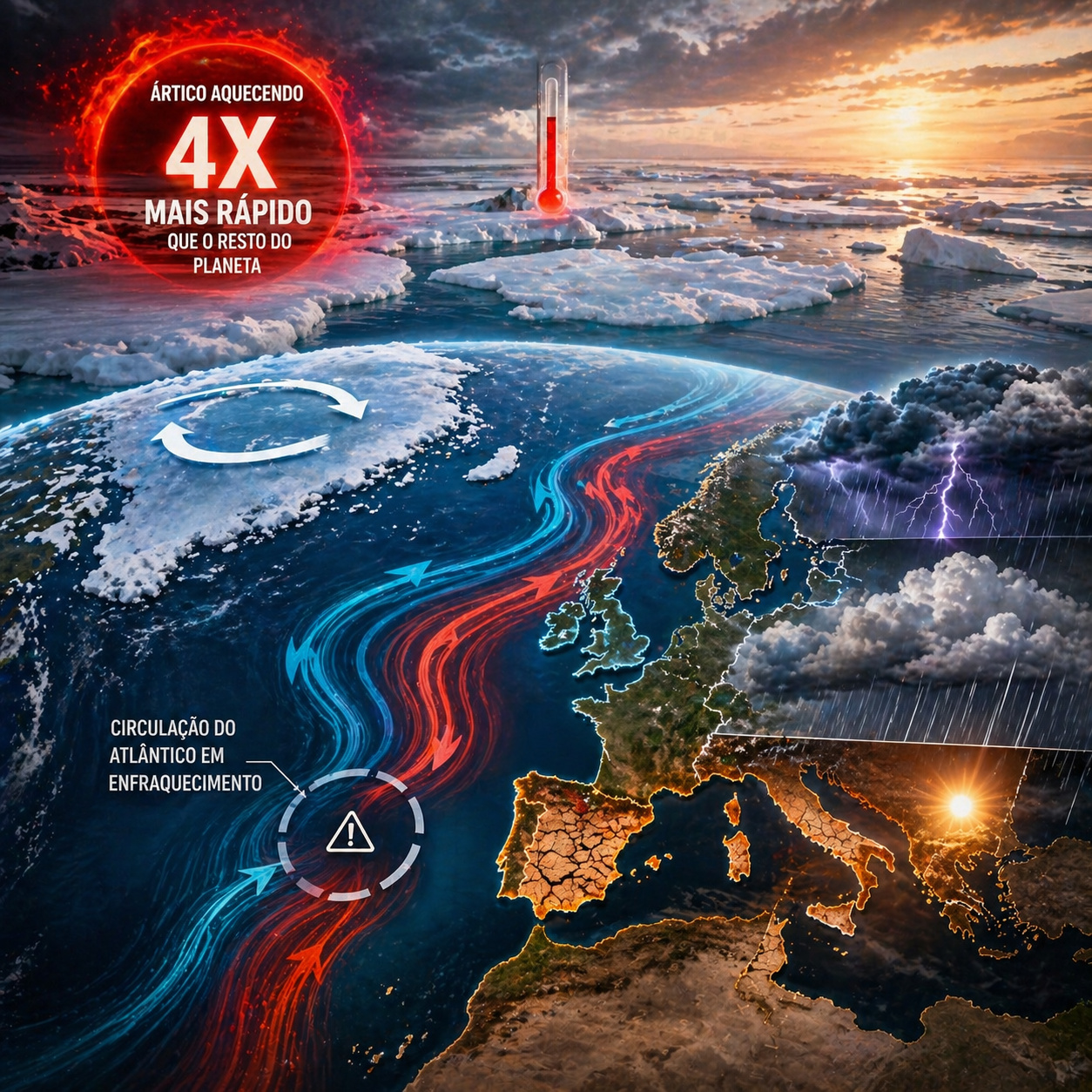Com o Ártico aquecendo até 4 vezes mais rápido e sinais de enfraquecimento na circulação do Atlântico, cientistas alertam que o sistema que mantém Portugal, Espanha, França e Reino Unido mais amenos pode mudar enquanto o planeta continua aquecendo