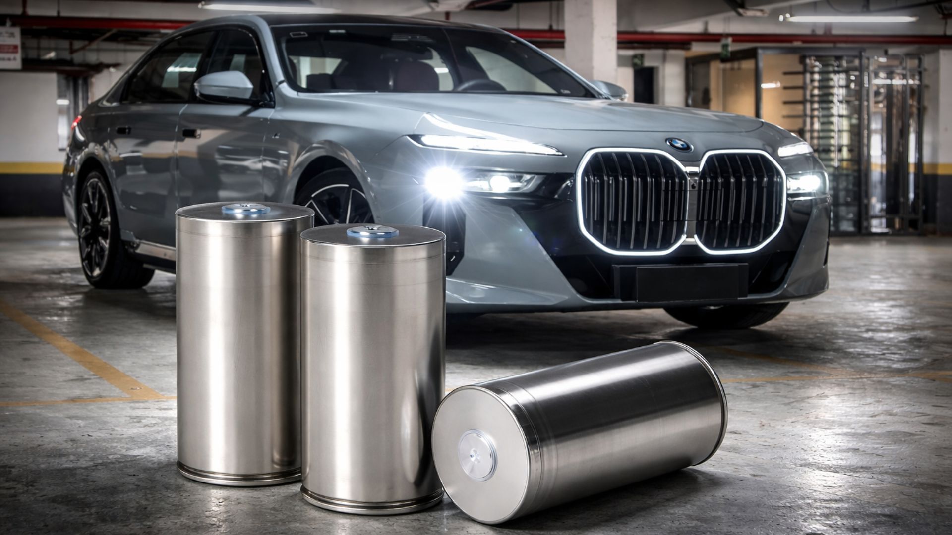BMW i7 em garagem com baterias de carro elétrico em destaque na frente, representando nova geração de baterias e redução de CO2 na mobilidade sustentável