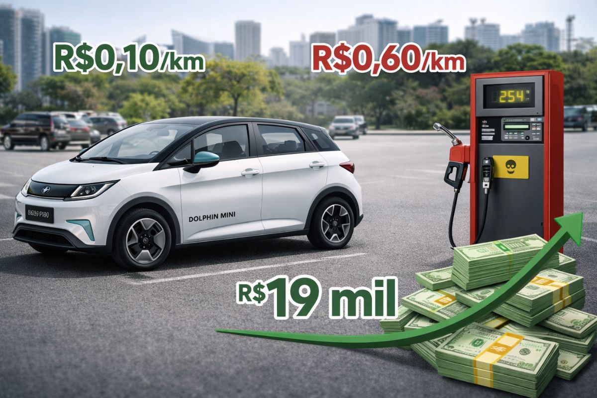 Peter Jordan compara BYD Dolphin Mini com VW Polo e aponta R$ 19 mil de economia em 5 anos. Custo por km cai de R$ 0,60 da gasolina para R$ 0,10.