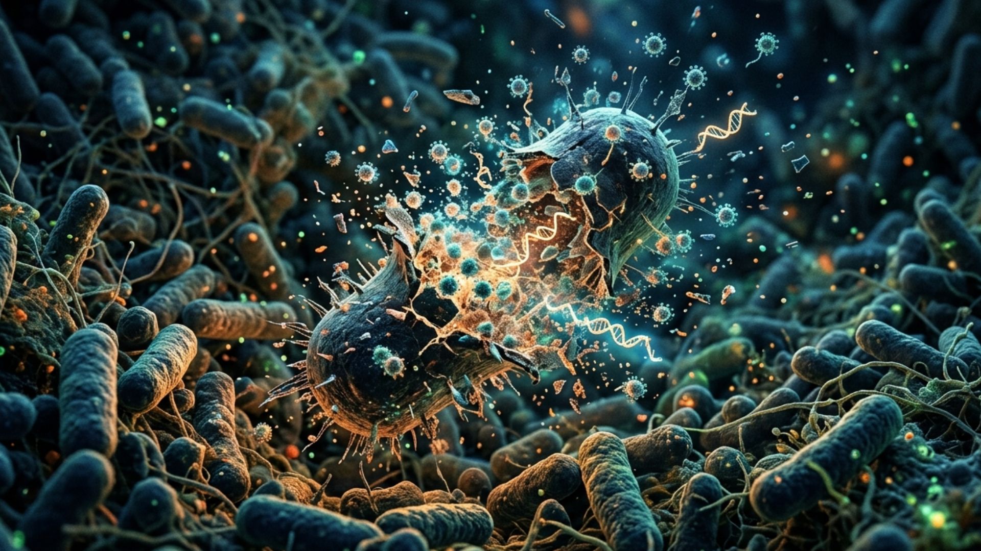 Ilustração microscópica de bactéria se rompendo e liberando material genético no ambiente, representando o mecanismo de “bactérias kamikaze” que espalham resistência a antibióticos.