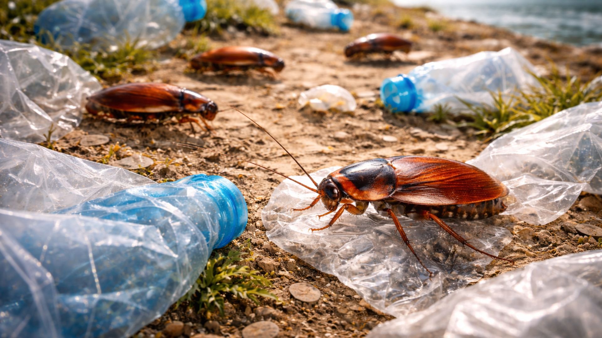 Baratas sobre resíduos plásticos em ambiente natural, representando estudo sobre degradação de plástico e combate à poluição ambiental
