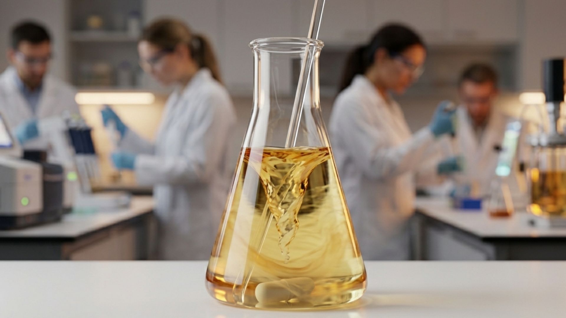 Pesquisadores realizam teste em laboratório com biodiesel em frasco, representando análise técnica para aumento da mistura ao diesel no Brasil