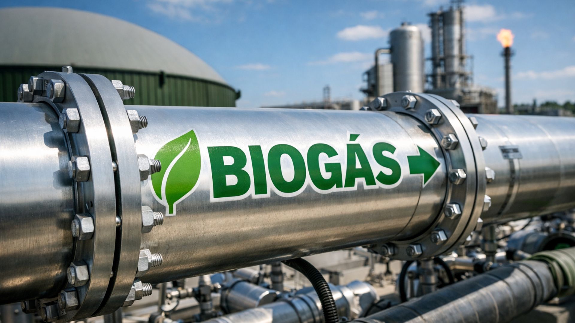 Tubulação industrial de biogás em destaque, representando geração de energia renovável a partir de resíduos no saneamento sustentável