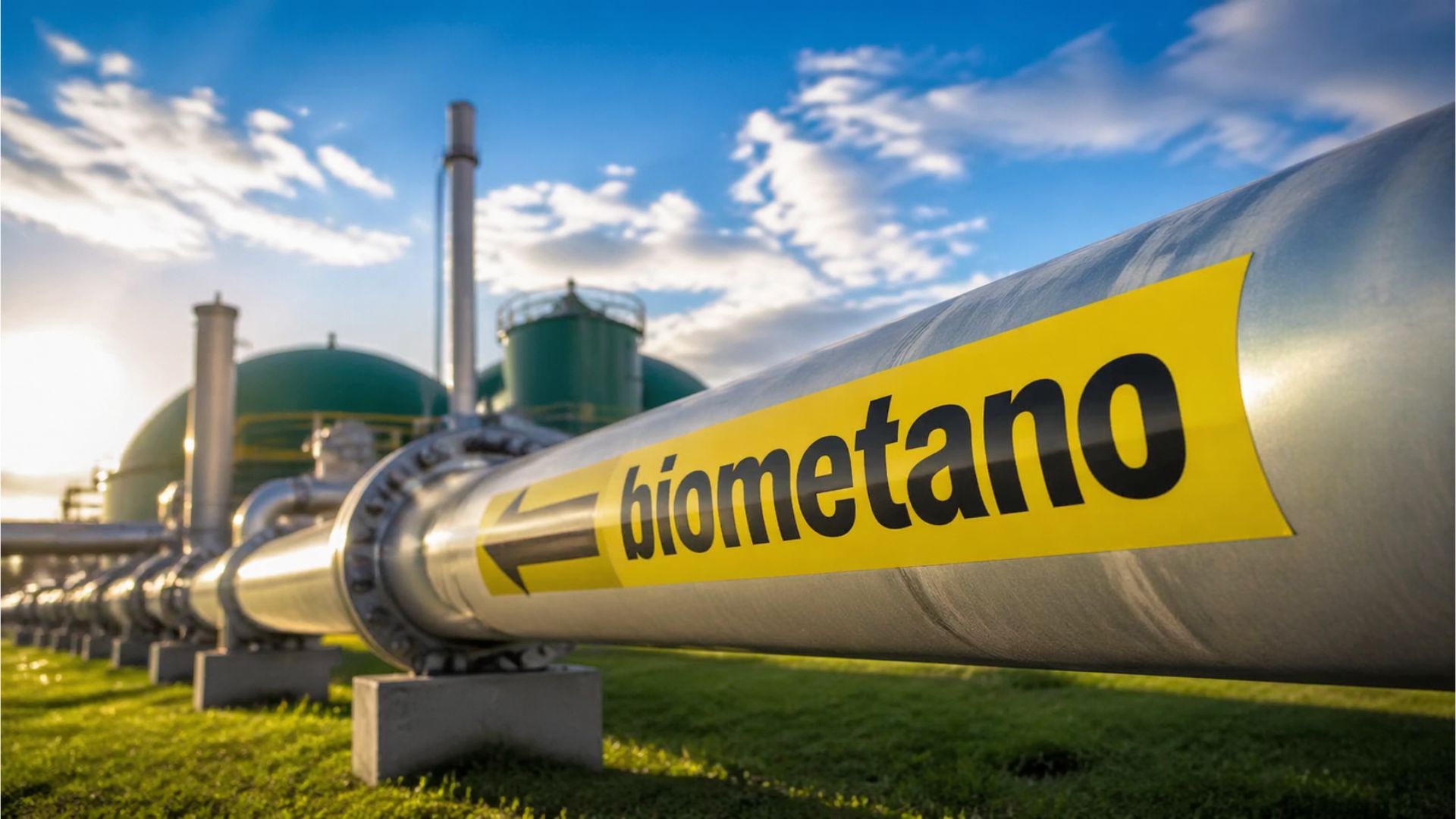 Tubulação industrial de biometano em usina de biogás com estrutura metálica e tanques ao fundo, representando produção de energia limpa e sustentabilidade no Brasil