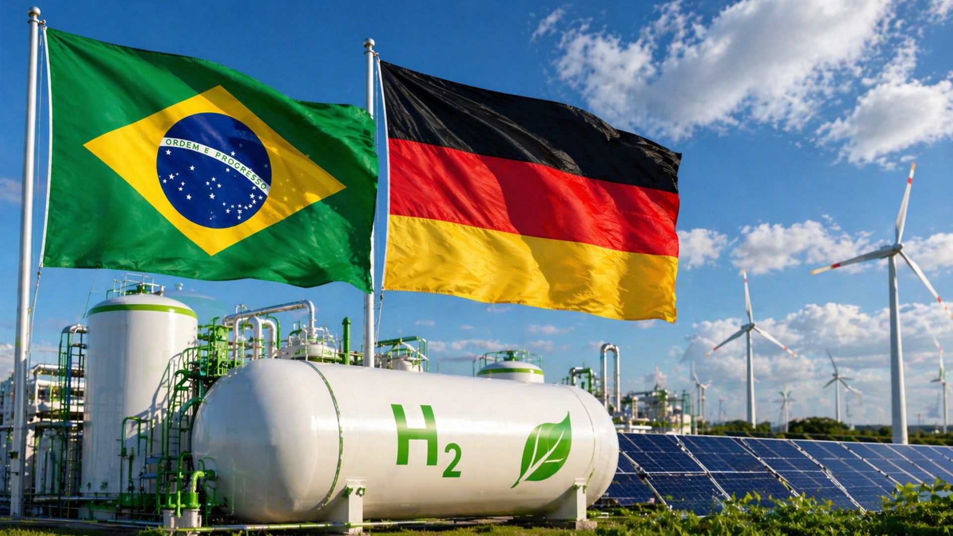 Instalação de hidrogênio verde com tanques industriais, painéis solares e turbinas eólicas ao fundo, com bandeiras do Brasil e Alemanha representando parceria energética sustentável no Nordeste