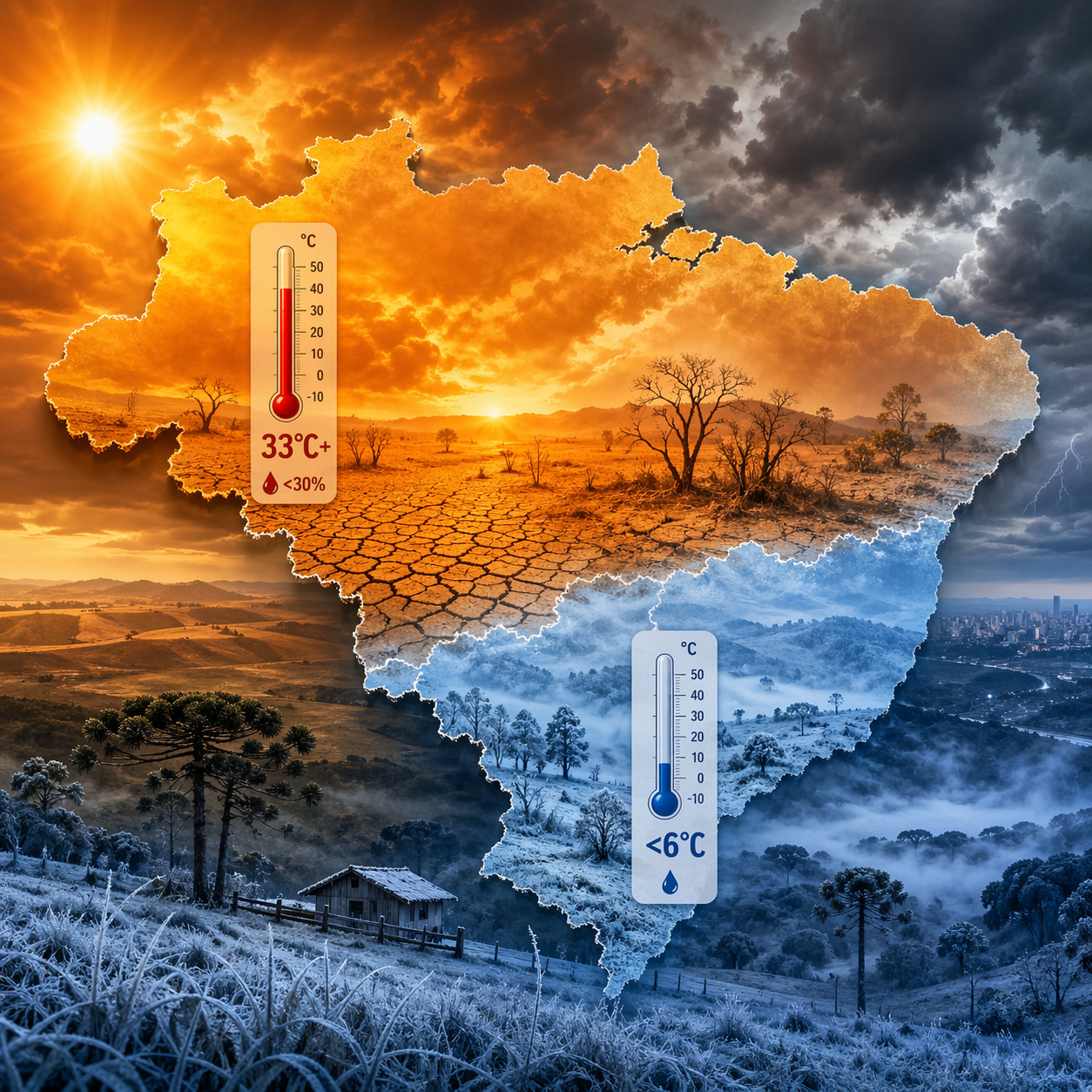 Brasil entra em alerta com choque severo de extremos na terça-feira, 28, quando ar polar pode provocar geada e temperaturas abaixo de 6 °C no Sul enquanto o Centro-Oeste enfrenta calor acima de 33 °C, secura intensa e umidade inferior a 30% no mesmo dia