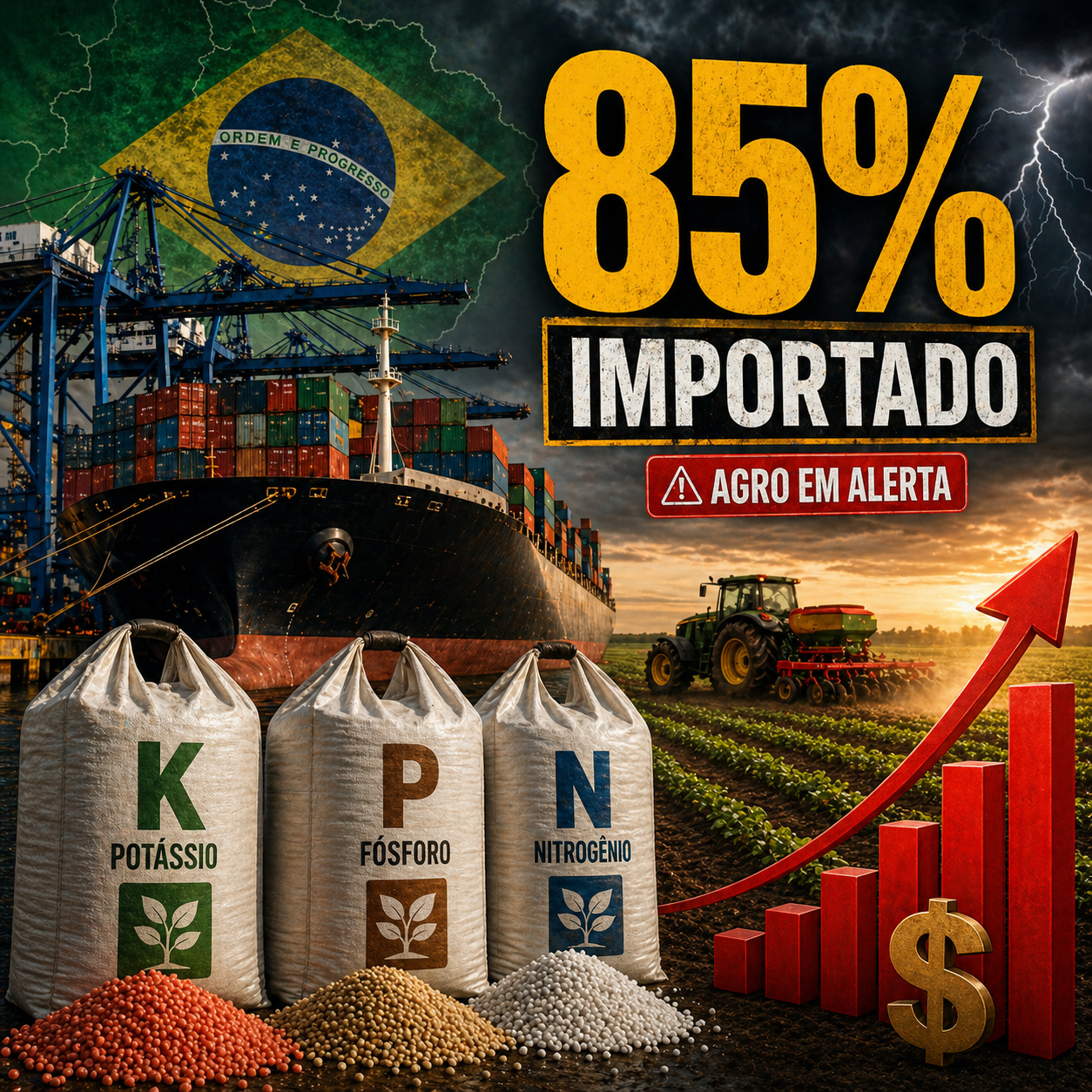 Brasil importa 85% dos fertilizantes que sustentam o agronegócio e nova tensão global expõe um risco silencioso no campo: sem potássio, fósforo e nitrogênio no momento certo, a próxima safra pode ficar mais cara antes mesmo de entrar no solo
