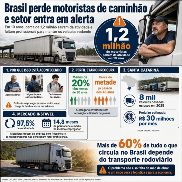 O Brasil perdeu 1,2 milhão de caminhoneiros em uma década. Santa Catarina tem 8 mil caminhões parados sem motoristas. Jovens não querem mais a profissão da estrada.