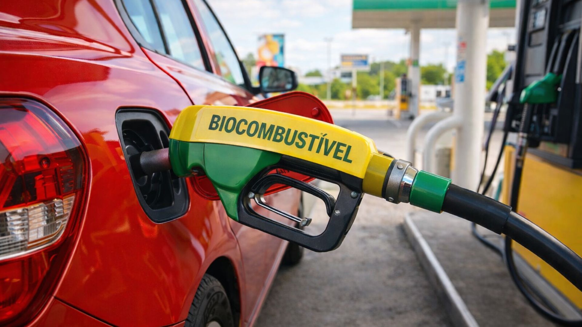 Carro sendo abastecido em posto com bico de combustível identificado como biocombustível durante uso de diesel com mistura de biodiesel