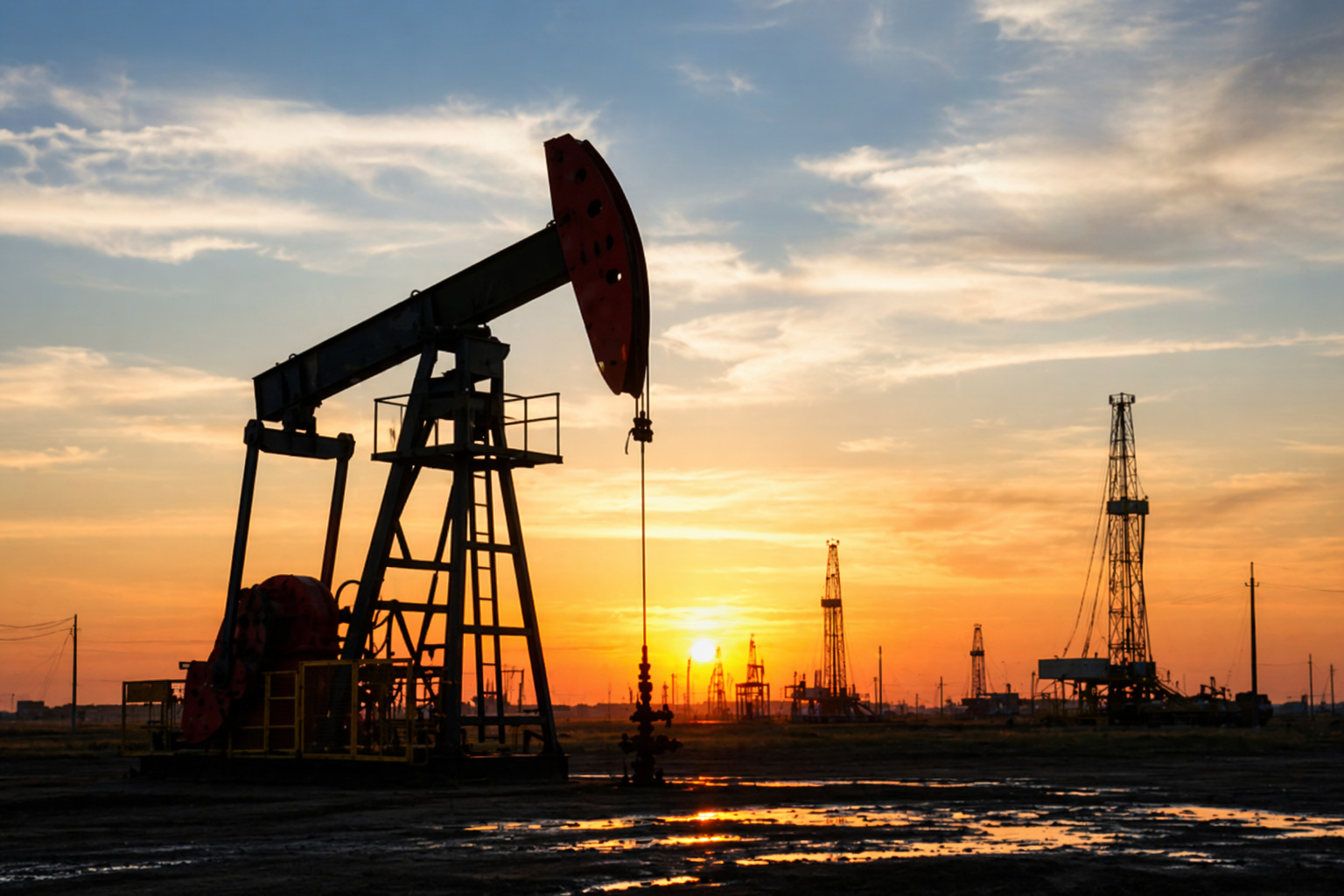 Bomba de extração de petróleo em funcionamento em campo petrolífero ao pôr do sol