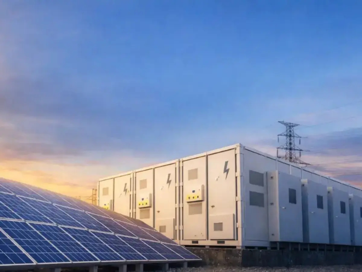 Painéis solares ao lado de sistema de armazenamento de energia com baterias em contêineres