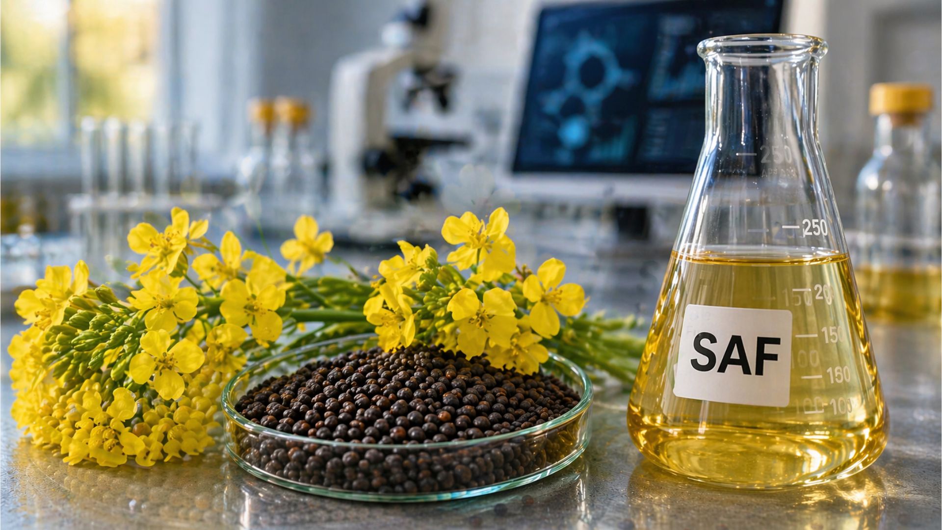 Canola de segunda safra em ambiente laboratorial ao lado de frasco com SAF, representando produção de biocombustíveis para aviação sustentável e redução de emissões