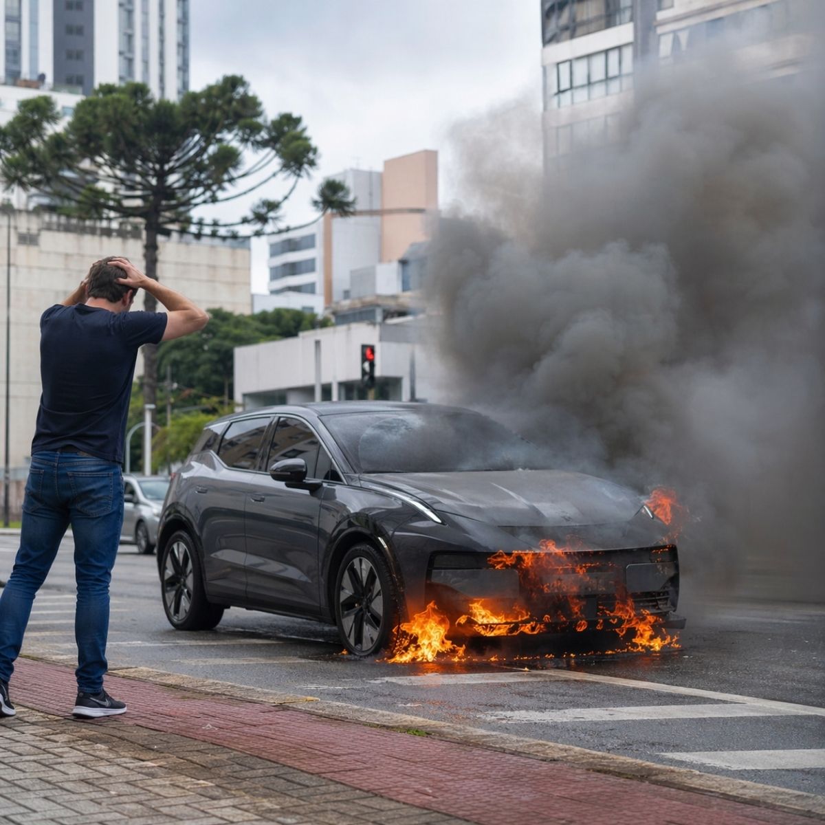 Um carro elétrico Volvo C40 pegou fogo em Curitiba e o motorista escapou ao perceber a fumaça a tempo. A Volvo abriu investigação. Ninguém ficou ferido.