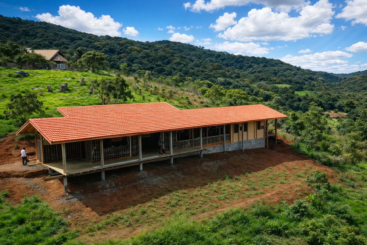 Casa de pau a pique em Monteiro Lobato ganha forma com bambu e barro do terreno, fundação de pedra e telhado para o vento; trincas são normais, acabamento com cal (1)