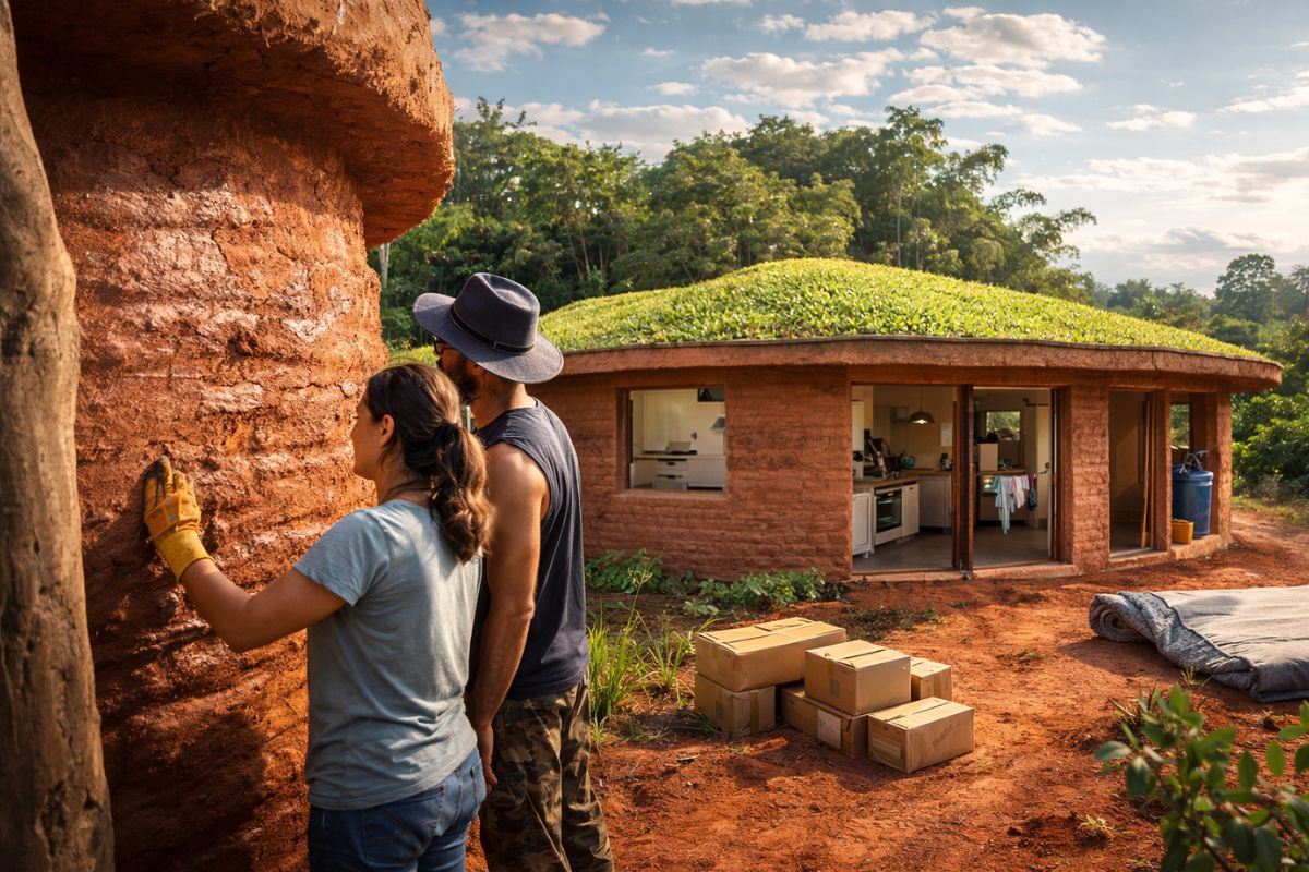 Casal levanta casa feita de terra com técnica hiperadobe e telhado verde sem lona obra usa gelmembrana, divisórias de adobe e reboco com baba de cacto, e já tem cozinha pronta e (3)