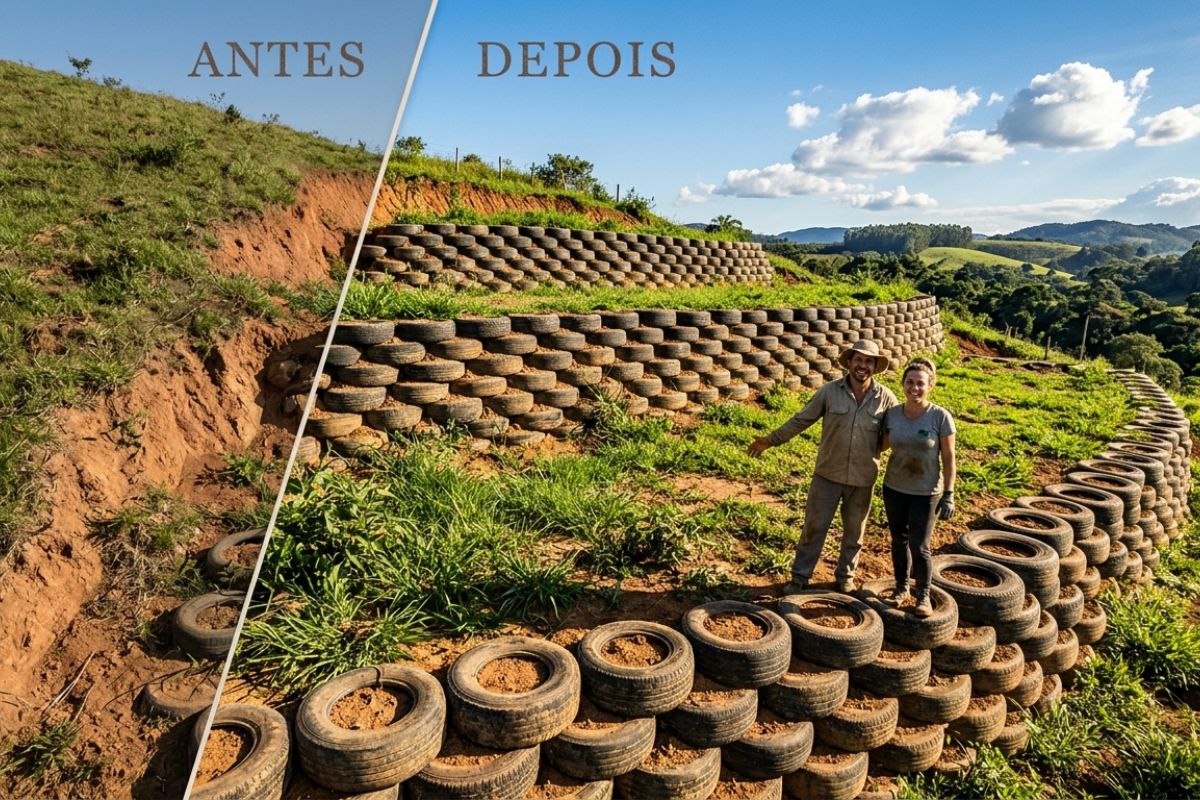 Casal mostra como fez um muro de arrimo no sítio usando 400 pneus velhos terreno inclinado virou platôs, pneus são alinhados, preenchidos e bem socados com terra em camadas (2)