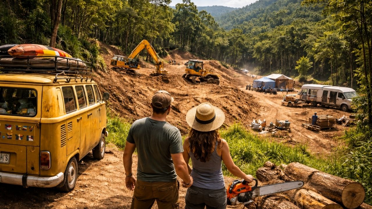 Casal que viajou de Kombi por tantos países avança com o terreno no sul de SC máquinas nivelam o refúgio no mato, reforçam barrancos, montam acampamento de obra e treinam (2)